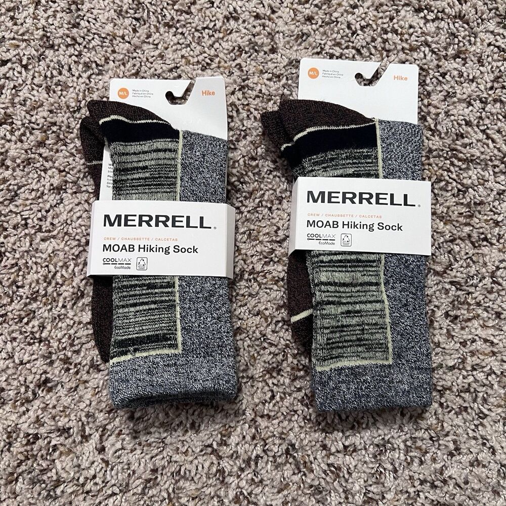 Merrell Moab Hiking Socks - two pair Gray, Brown with Light Green Accents